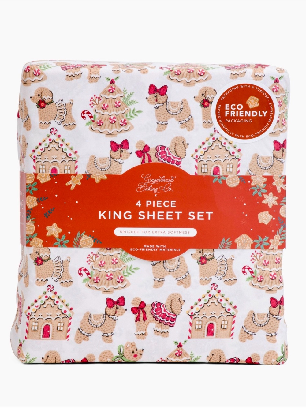 4-Piece Full Size Sheet Set - White with Gingerbread Dogs Print